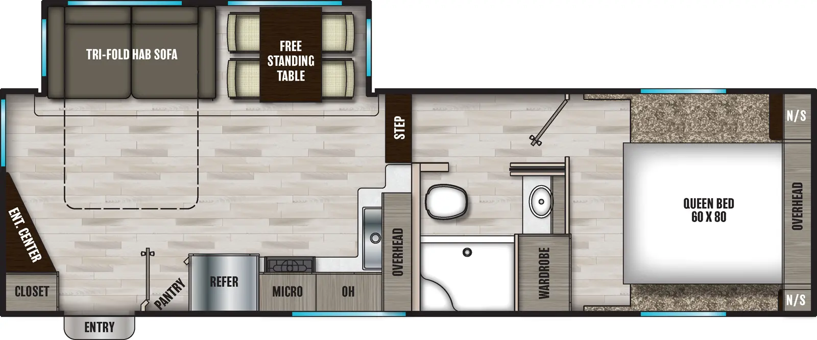 The 25RE has one slide out and one entry. Interior layout front to back: front bedroom with foot facing queen bed, overhead cabinet, night stands on each side, and wardrobe on the door side; door side full bathroom; step down to main living area; off-door side slide out with free-standing table and tri-fold hide-a-bed sofa; kitchen counter along inner wall to door side with overhead cabinets microwave, refrigerator, and angled pantry; angled entertainment center and closet at the rear of the unit next to entry. 